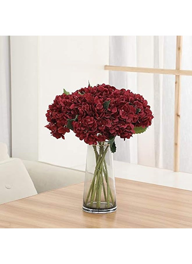 Fake Flowers 6pcs Vintage Artificial Silk Hydrangea Flowers Bouquets Faux Hydrangea Stems for Home Wedding Party Table Core Decoration (Dark Red)