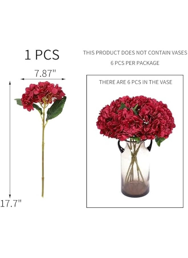 Fake Flowers 6pcs Vintage Artificial Silk Hydrangea Flowers Bouquets Faux Hydrangea Stems for Home Wedding Party Table Core Decoration (Dark Red)