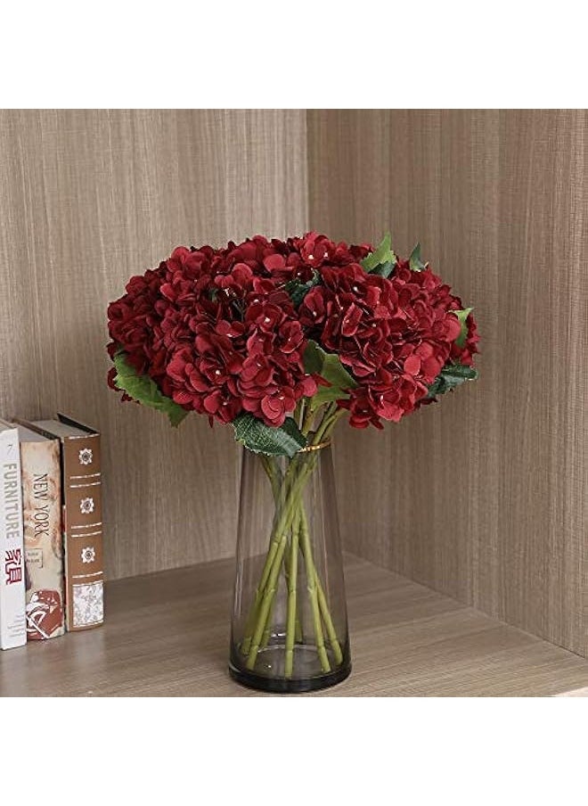 Fake Flowers 6pcs Vintage Artificial Silk Hydrangea Flowers Bouquets Faux Hydrangea Stems for Home Wedding Party Table Core Decoration (Dark Red)