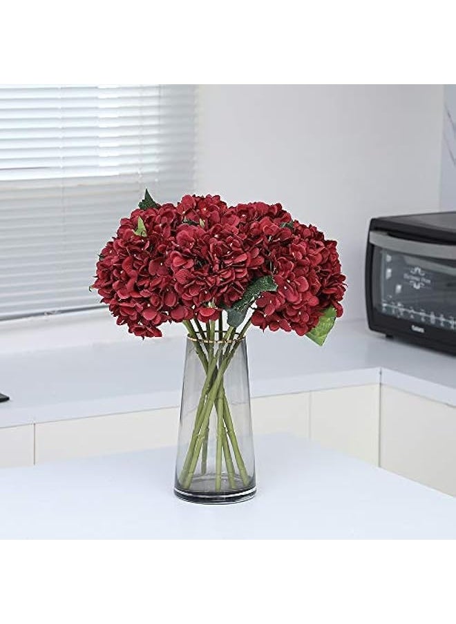 Fake Flowers 6pcs Vintage Artificial Silk Hydrangea Flowers Bouquets Faux Hydrangea Stems for Home Wedding Party Table Core Decoration (Dark Red)