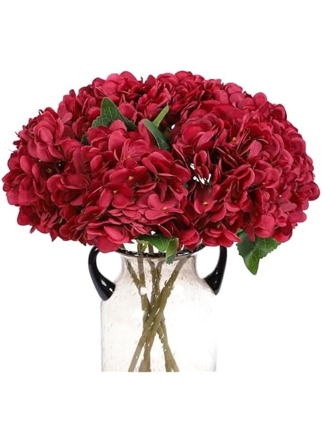 Fake Flowers 6pcs Vintage Artificial Silk Hydrangea Flowers Bouquets Faux Hydrangea Stems for Home Wedding Party Table Core Decoration (Dark Red)