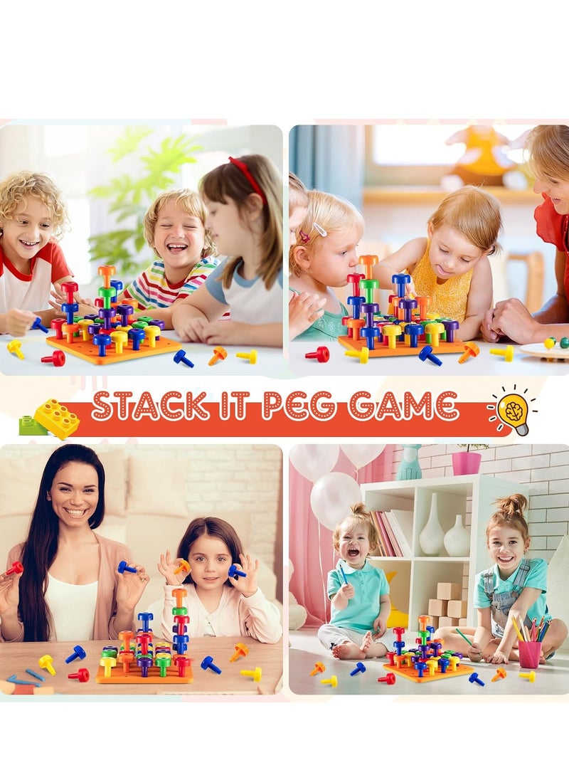 Montessori Peg Board Set Toy, Stackable Pegboard Game, Sorting & Stacking Games STEM Educational Toy, Color Matching & Shape Recognition Toy For Toddlers & Preschoolers Includes 30 Pegs and 1 Foam Board