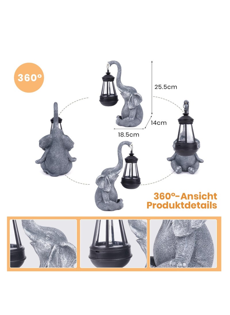 Elephant Decoration with Solar Lantern, Garden Figures for Outdoor Garden Decoration, Weatherproof LED Solar Elephant Lamp for Balcony Garden, Gifts for Women Men Mum Birthday Gift, Grey