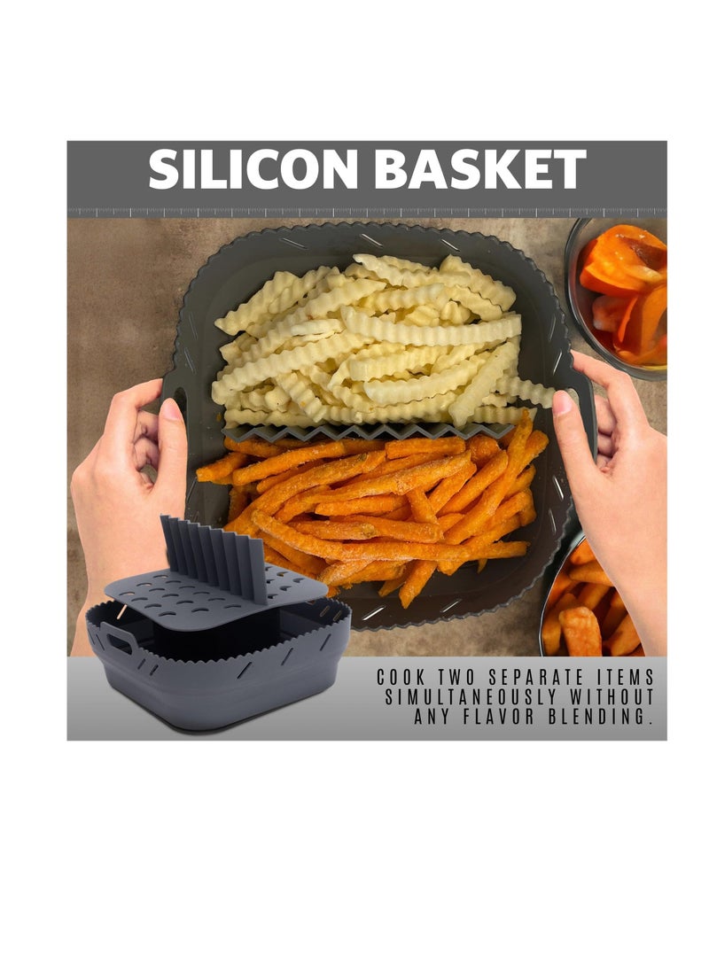 Air Fryer Silicone Liners, 8.5'' Square Air Fryer Silicone Basket, Heat Resistant Easy Cleaning Air Fryers Oven Accessories, Reusable Air Fryer Silicone Bowl with Divider, Gray