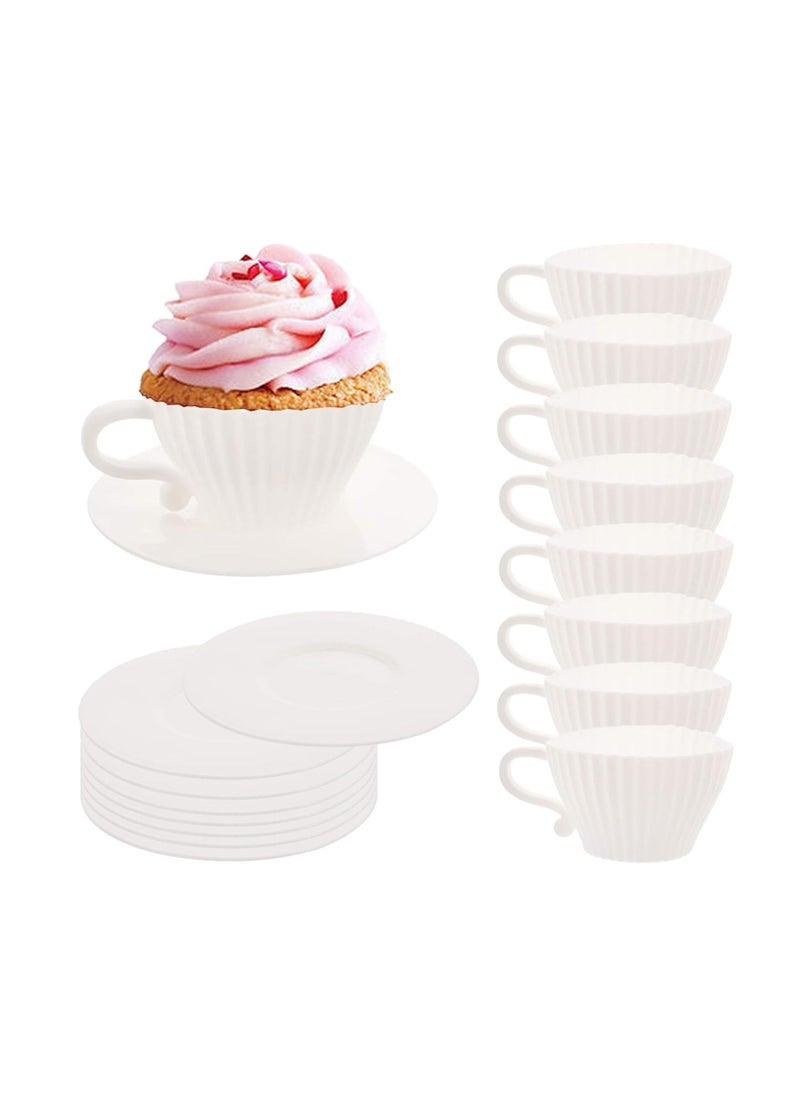 Silicone Muffin Cups for Baking Cupcake Liners Reusable Chocolate 8 Teacups with 8 Saucers White