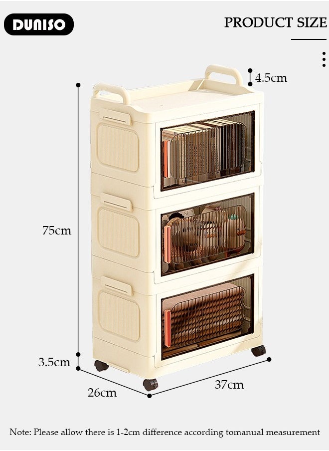 3 Layers Folding Storage Box with Lids, Plastic Stackable Storage Box Storage Bins with Wheels and Doors，37 cm Wide Large Capacity Cabinet for Clothes, Toys, Snacks, Books, Multifunction Container for Home, Office and Outdoor