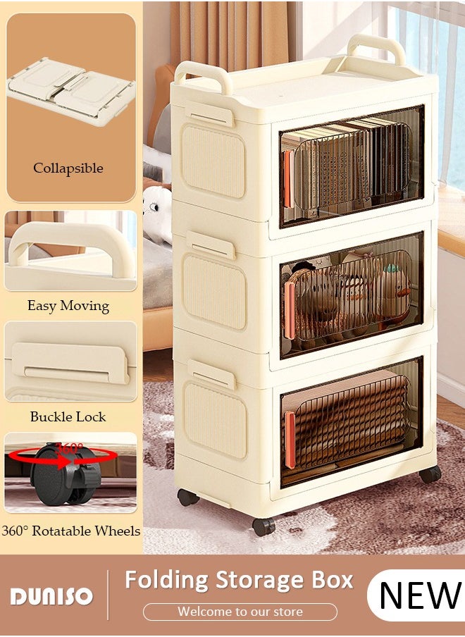 3 Layers Folding Storage Box with Lids, Plastic Stackable Storage Box Storage Bins with Wheels and Doors，37 cm Wide Large Capacity Cabinet for Clothes, Toys, Snacks, Books, Multifunction Container for Home, Office and Outdoor