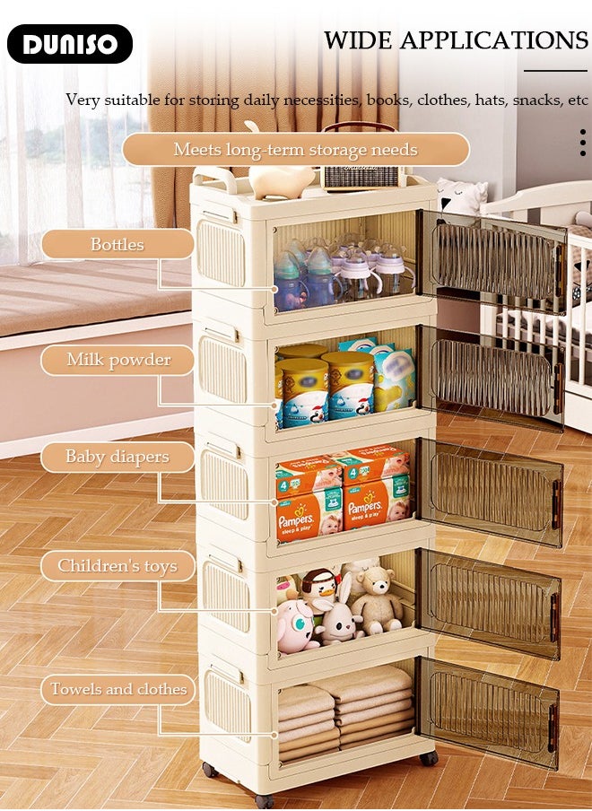 3 Layers Folding Storage Box with Lids, Plastic Stackable Storage Box Storage Bins with Wheels and Doors，37 cm Wide Large Capacity Cabinet for Clothes, Toys, Snacks, Books, Multifunction Container for Home, Office and Outdoor