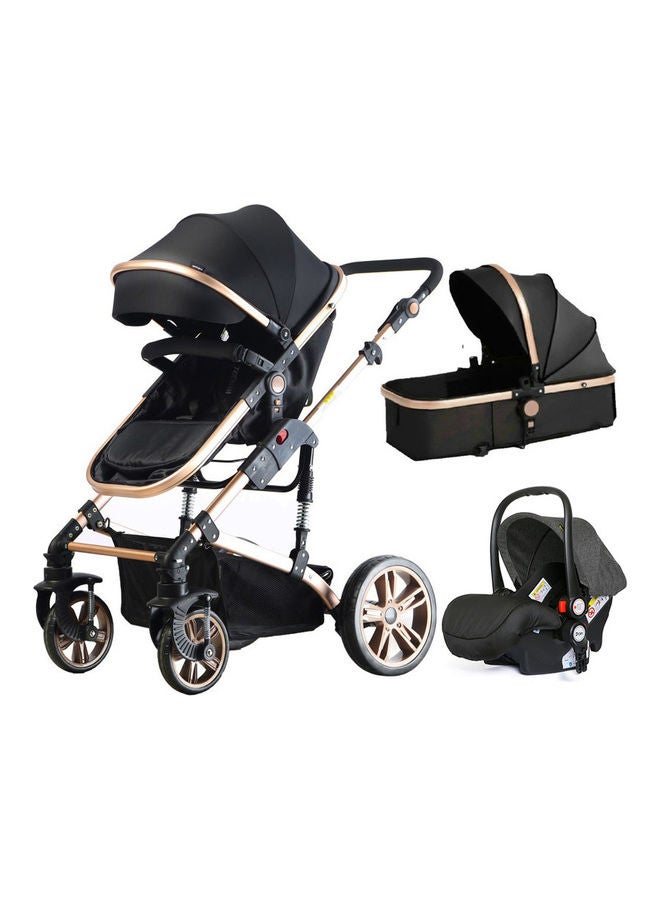 3 In1 Pram Stroller Sleeping Bassinet And Extra Wide Seat With Wide Canopy, Spill Proof Mat - Black