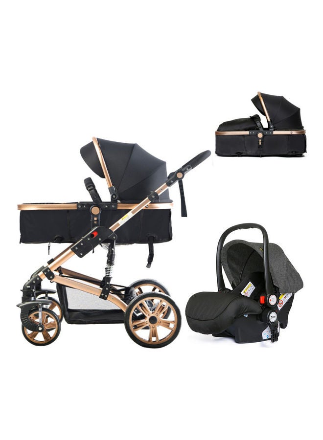 3 In1 Pram Stroller Sleeping Bassinet And Extra Wide Seat With Wide Canopy, Spill Proof Mat - Black