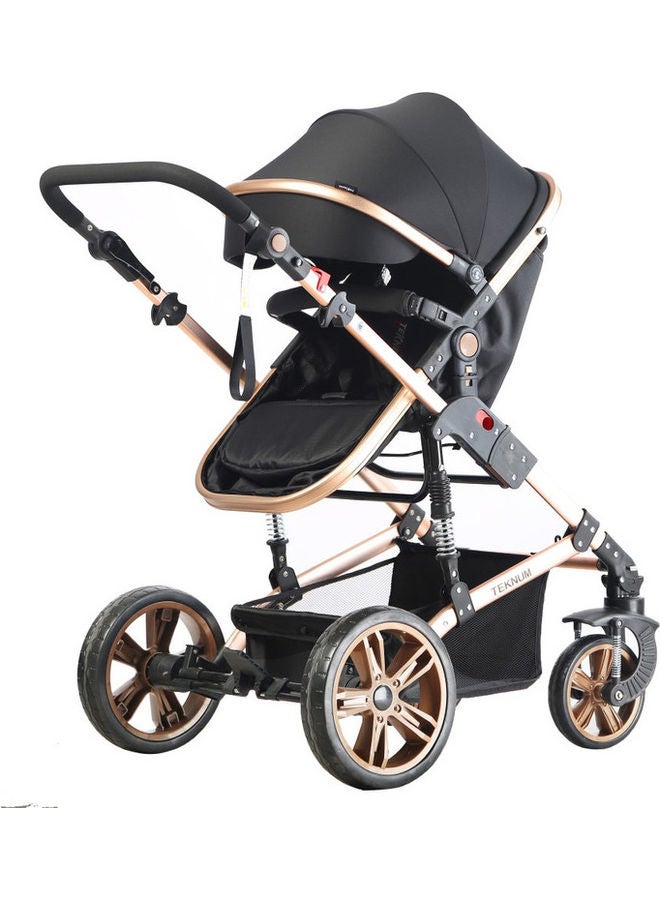 3 In1 Pram Stroller Sleeping Bassinet And Extra Wide Seat With Wide Canopy, Spill Proof Mat - Black