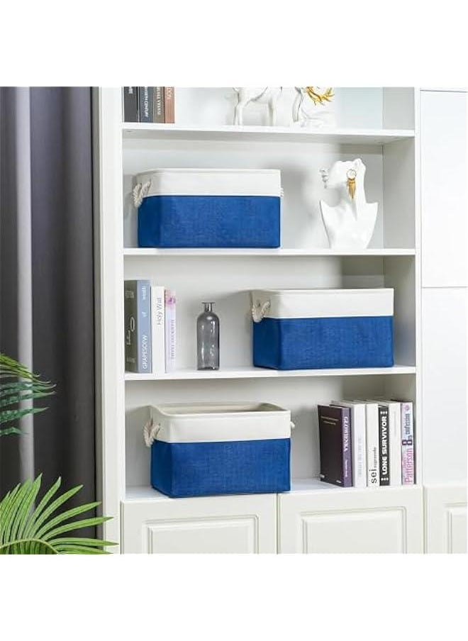 3  Pack Rectangular Collapsible Baskets with Handles, Fabric Storage Baskets for Shelves,Canvas Storage Baskets for Closet, for Toys,Books,Gifts (White&Blue)