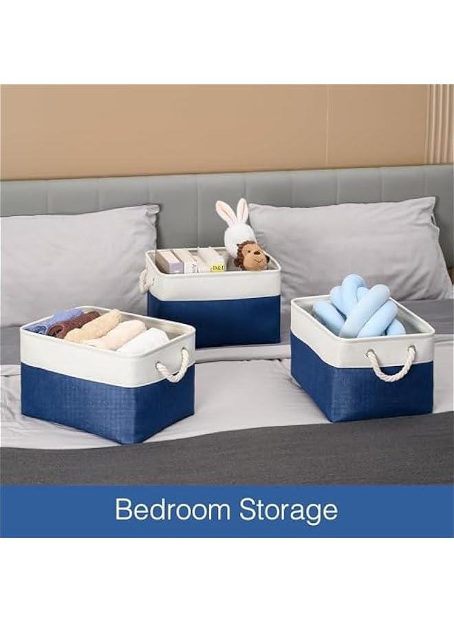 3  Pack Rectangular Collapsible Baskets with Handles, Fabric Storage Baskets for Shelves,Canvas Storage Baskets for Closet, for Toys,Books,Gifts (White&Blue)