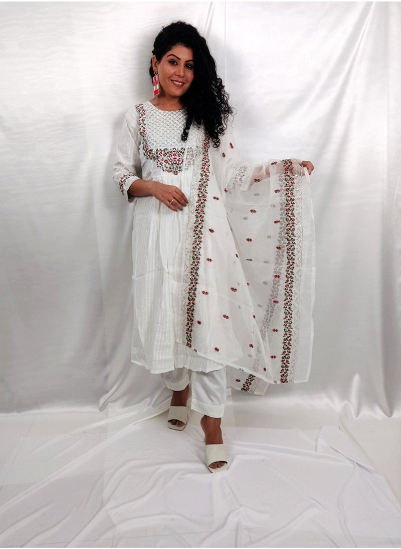 PRIYA'S PANACHE Stunning Designer Silk Fabric White Straight Kurta Pant Organza Dupatta Set - Festival Traditional Ethnic Indian Partywear For Women