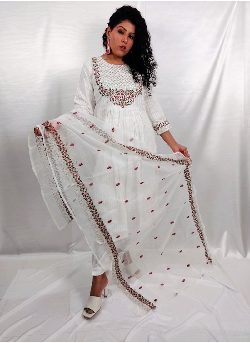 PRIYA'S PANACHE Stunning Designer Silk Fabric White Straight Kurta Pant Organza Dupatta Set - Festival Traditional Ethnic Indian Partywear For Women