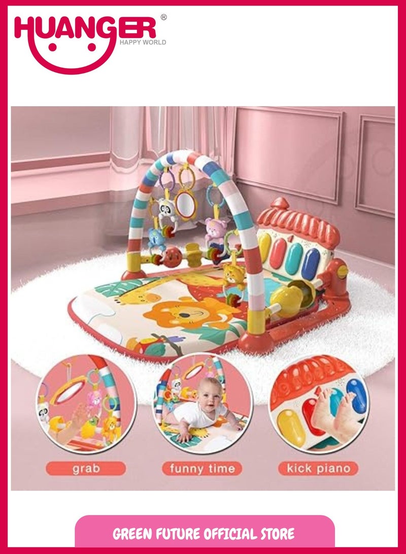 Baby Piano Playmat with Music and Hanging Toys for Newborns and Infants, Soft and Safe Mat, Promotes Sensory and Motor Skills-Red