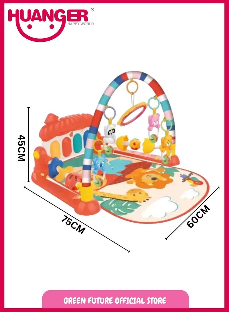 Baby Piano Playmat with Music and Hanging Toys for Newborns and Infants, Soft and Safe Mat, Promotes Sensory and Motor Skills-Red