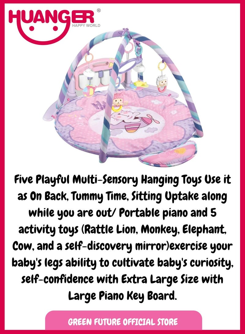 Baby Playmat w/ Piano Music and Hanging Toys for Newborns and Infants, Soft and Safe Mat, Promotes Sensory Skills-Pink