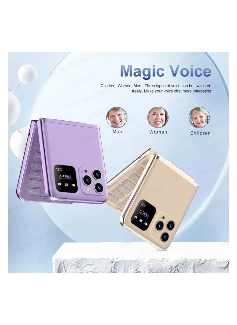 4 SIM Card Flip Mobile Phone, 2G GSM Cell Phone with Call Recording, Speed Dial, FM Radio, Magic Voice, Torch, Type-C Charging | 180° Foldable Cellphone for Elderly & Travelers Purple