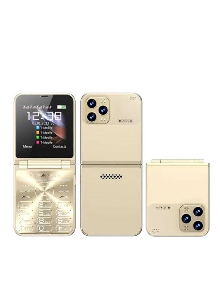 New 4 SIM Flip Mobile Phone, Unlocked 2G GSM Cell Phone with Call Recording, Speed Dial, Magic Voice, FM Radio, Torch Light, Type-C Charging, 180° Fold Design -Golden