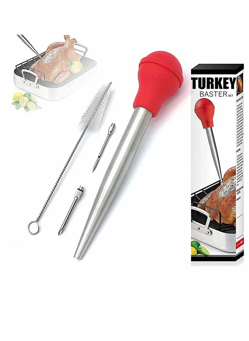 Barbecue Seasoning Tools Cooking Set, Food-Grade Stainless Steel Meat Baster Syringe, 2 Marinade Needles and Cleaning Brush (Red)