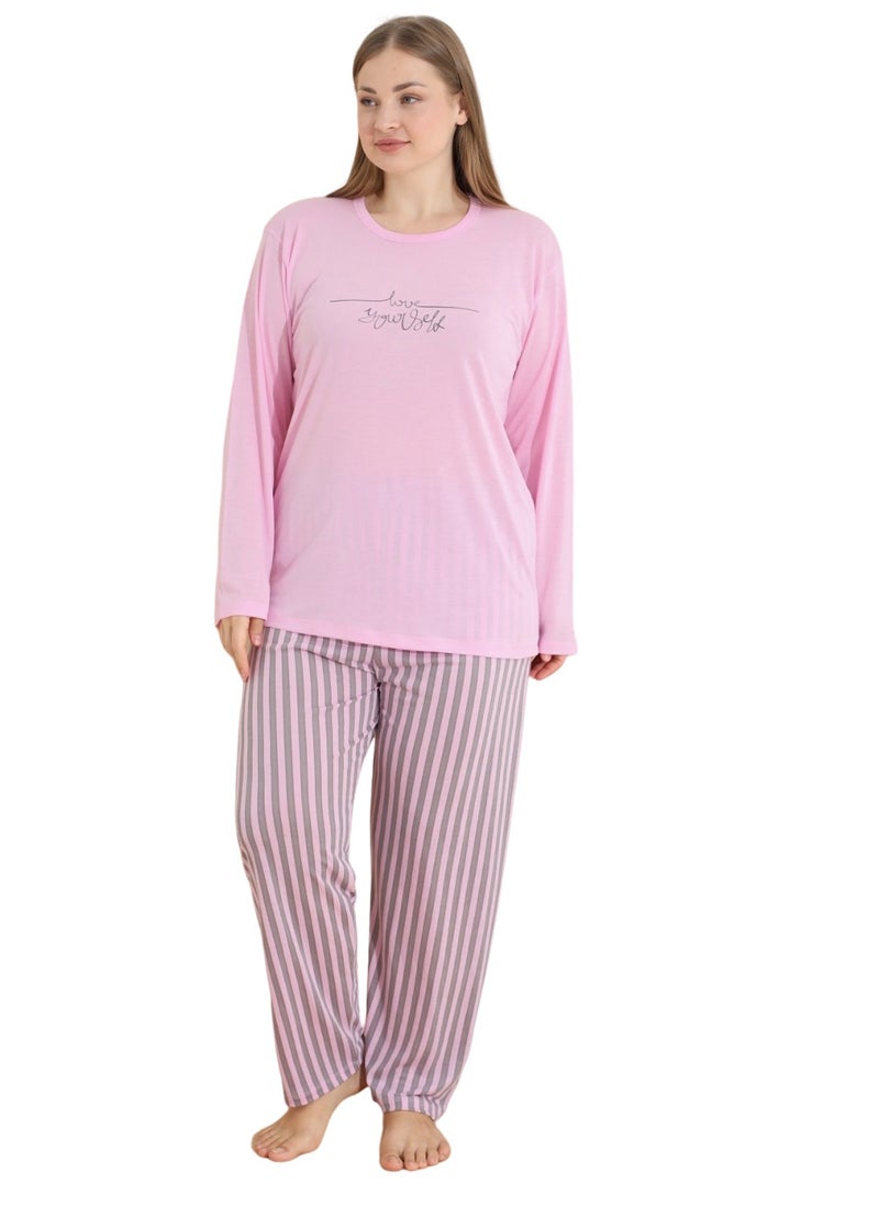 Women's Pajama Set Plus Size Turkish Cotton Pyjama Set Full Sleeve Homewear Nightwear Printed Pink/Grey