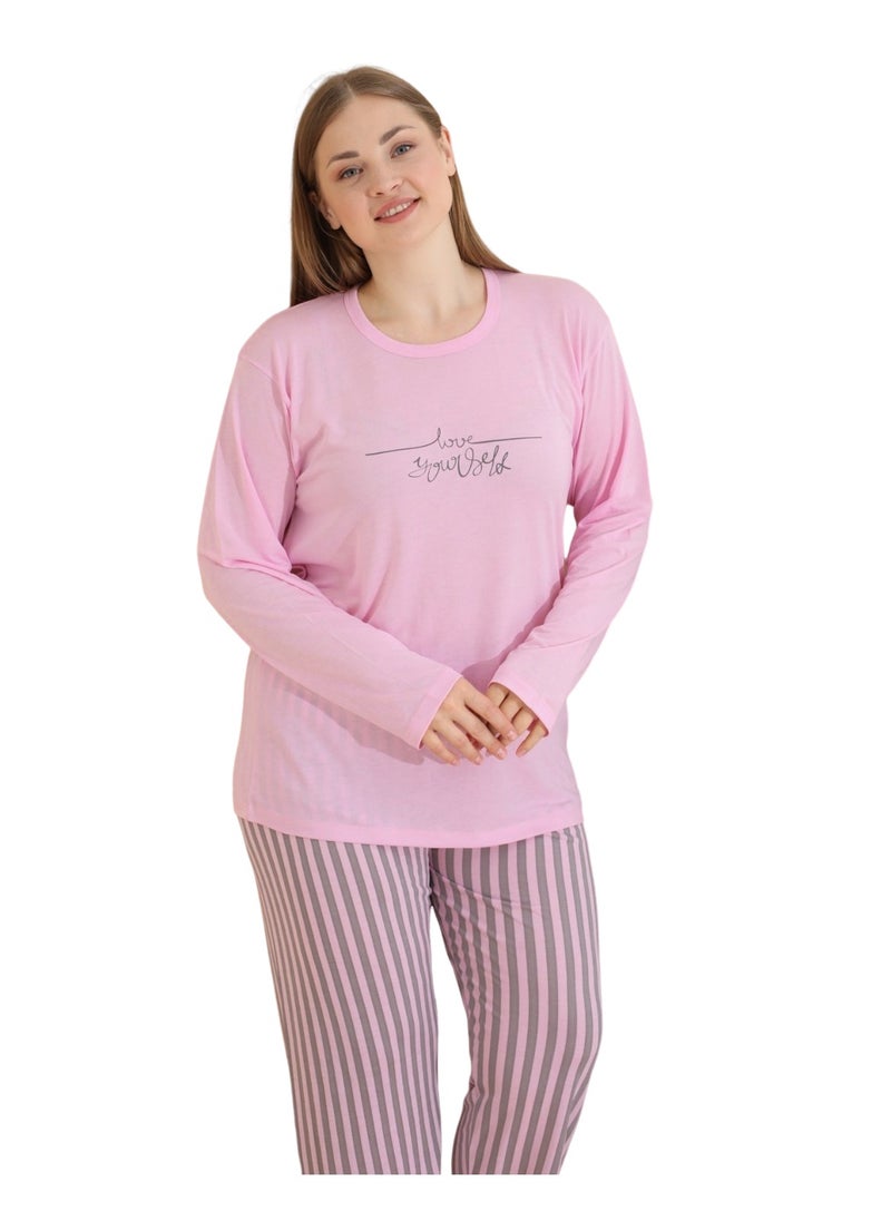 Women's Pajama Set Plus Size Turkish Cotton Pyjama Set Full Sleeve Homewear Nightwear Printed Pink/Grey