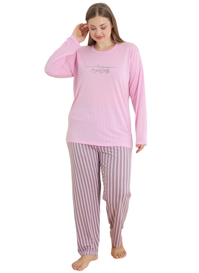 Women's Pajama Set Plus Size Turkish Cotton Pyjama Set Full Sleeve Homewear Nightwear Printed Pink/Grey