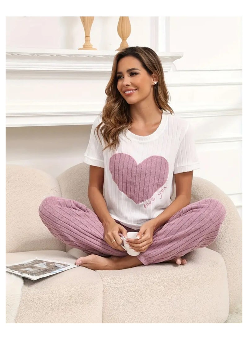 2 Pieces Women Pajama Set Heart Pattern Short Sleeve Long Pants Ladies Loungewear and Sleepwear