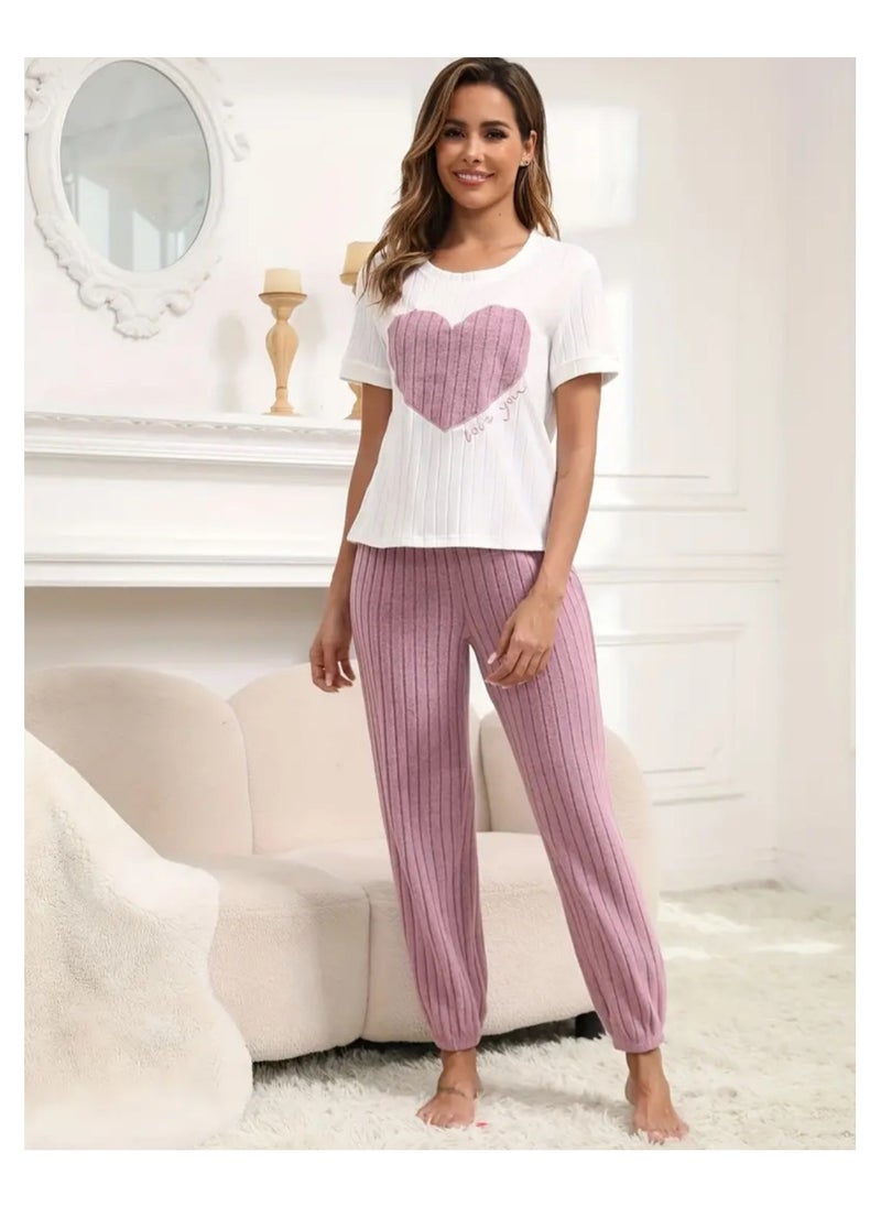 2 Pieces Women Pajama Set Heart Pattern Short Sleeve Long Pants Ladies Loungewear and Sleepwear