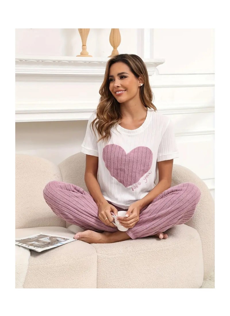 2 Pieces Women Pajama Set Heart Pattern Short Sleeve Long Pants Ladies Loungewear and Sleepwear