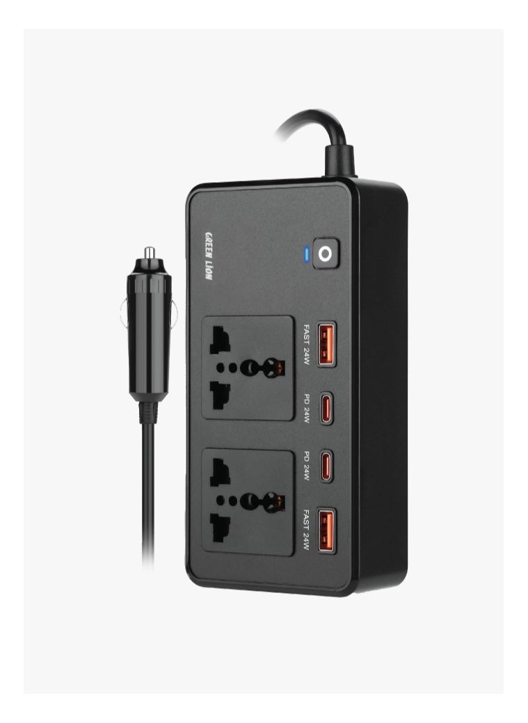 Green Lion GC-200 Car Inverter PD 24W Charging / 2 Universal Sockets / QC 3 Charging / 2 USB-A Ports / Flame Retardant - Black