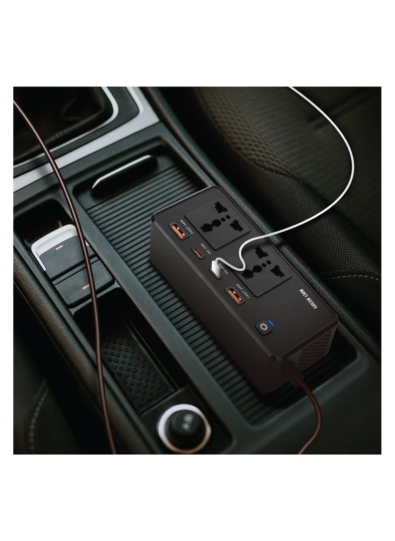 Green Lion GC-200 Car Inverter PD 24W Charging / 2 Universal Sockets / QC 3 Charging / 2 USB-A Ports / Flame Retardant - Black