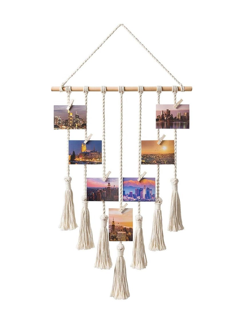 DELFINO Hanging Photo Display with Macrame Decorative Wall Hanging Pictures Organizer, Perfect for Home Decor Wooden Clips (White) Photo Hanging Display for Wall Decor