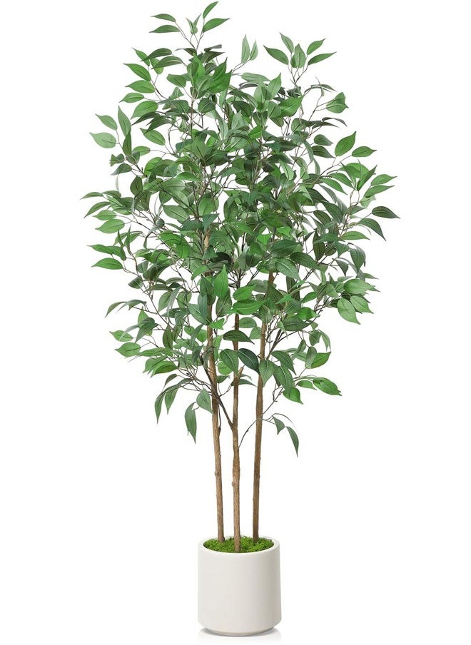 Ficus Artificial Tree 150CM Tall Fake Ficus Tree for Home Decor Indoor Faux Silk Ficus Plant Fake Floor Plant in White Imitation Ceramic Planter with Green Fake Moss, Set of 1