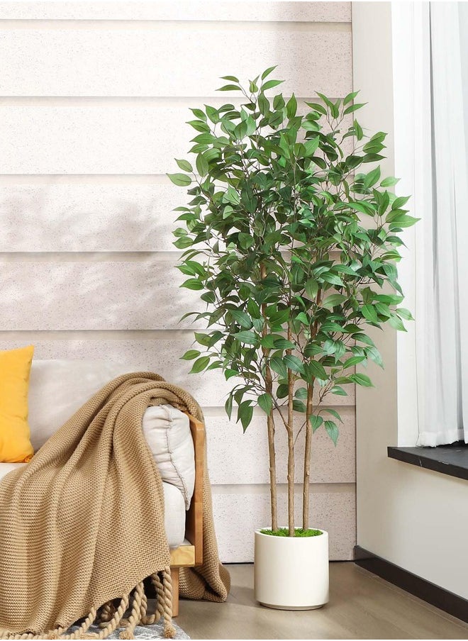 Ficus Artificial Tree 150CM Tall Fake Ficus Tree for Home Decor Indoor Faux Silk Ficus Plant Fake Floor Plant in White Imitation Ceramic Planter with Green Fake Moss, Set of 1