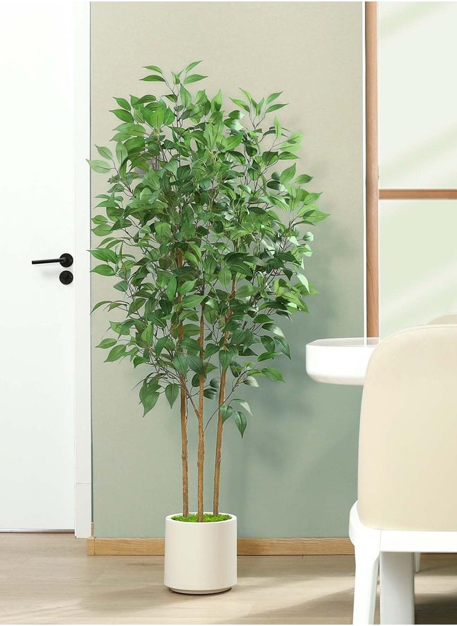 Ficus Artificial Tree 150CM Tall Fake Ficus Tree for Home Decor Indoor Faux Silk Ficus Plant Fake Floor Plant in White Imitation Ceramic Planter with Green Fake Moss, Set of 1