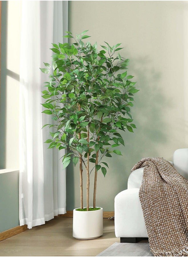 Ficus Artificial Tree 150CM Tall Fake Ficus Tree for Home Decor Indoor Faux Silk Ficus Plant Fake Floor Plant in White Imitation Ceramic Planter with Green Fake Moss, Set of 1