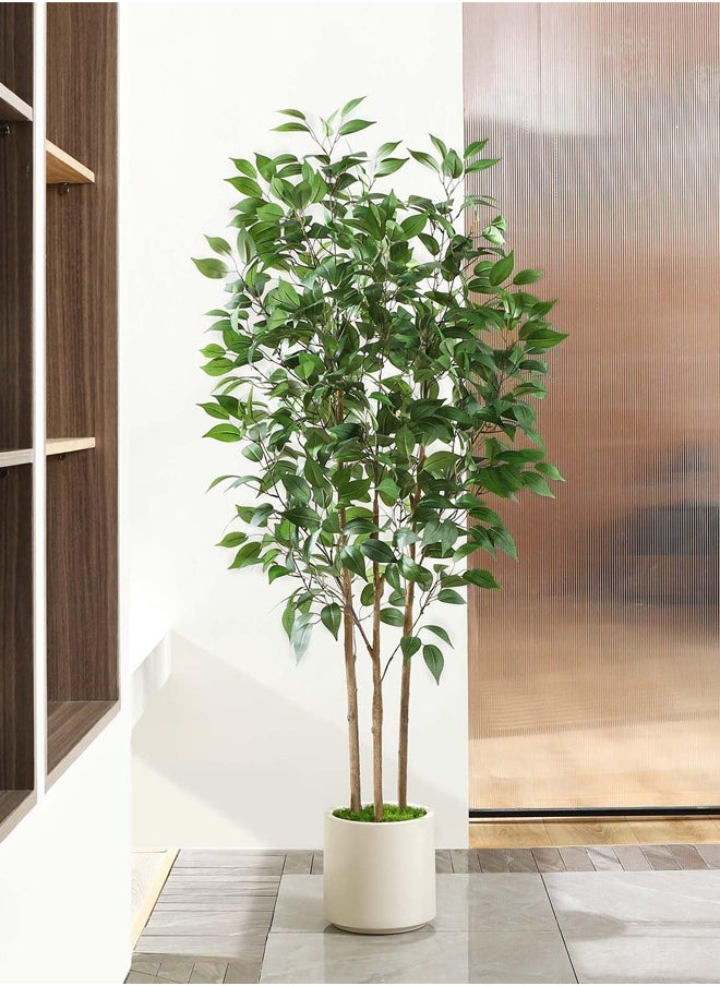 Ficus Artificial Tree 150CM Tall Fake Ficus Tree for Home Decor Indoor Faux Silk Ficus Plant Fake Floor Plant in White Imitation Ceramic Planter with Green Fake Moss, Set of 1