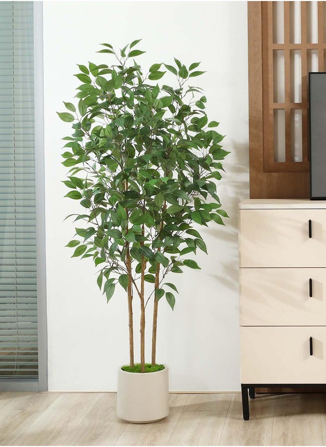 Ficus Artificial Tree 150CM Tall Fake Ficus Tree for Home Decor Indoor Faux Silk Ficus Plant Fake Floor Plant in White Imitation Ceramic Planter with Green Fake Moss, Set of 1