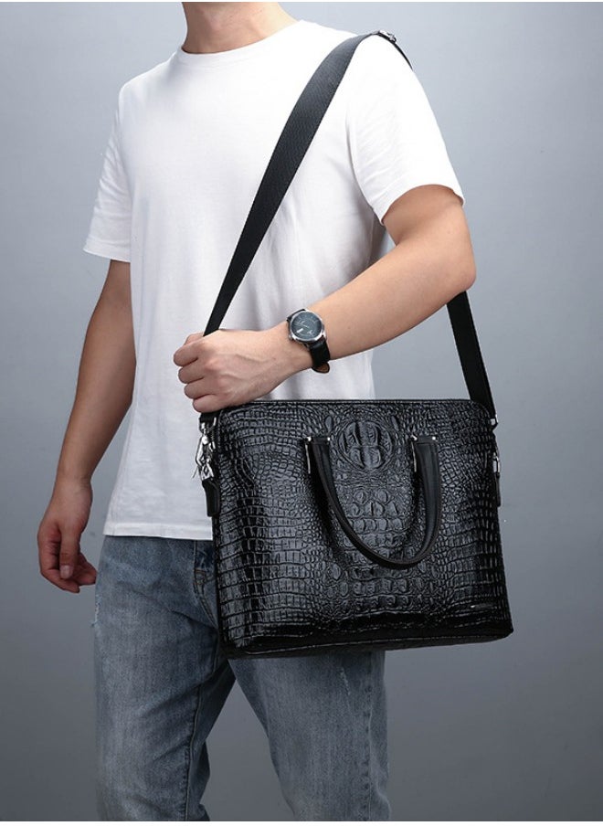 Men's Fashion New Crocodile Pattern Handbag, Business Briefcase, Office Bag, Shoulder bag, Laptop Bag, PU Multi-pocket Computer Bag, Crossbody Bag, Messenger Bag(Black）