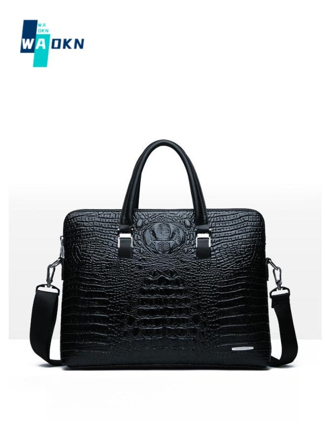 Men's Fashion New Crocodile Pattern Handbag, Business Briefcase, Office Bag, Shoulder bag, Laptop Bag, PU Multi-pocket Computer Bag, Crossbody Bag, Messenger Bag(Black）