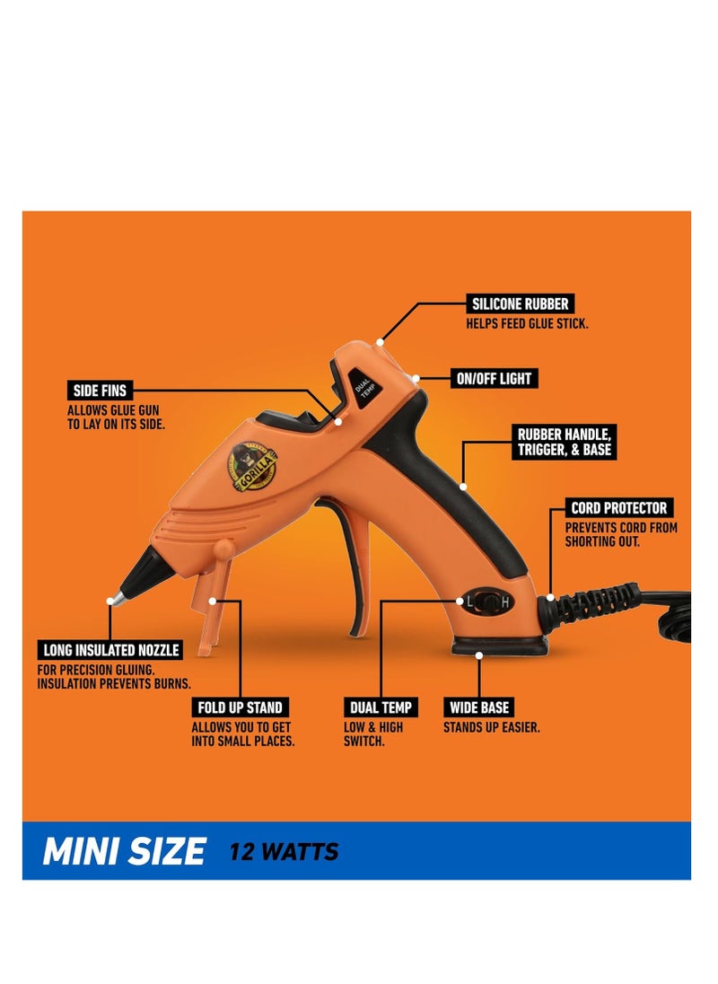 Gorilla Dual Temp Mini Hot Glue Gun Kit with 75 Hot Glue Sticks, Precision Nozzle, and Easy Squeeze Trigger, for DIY, Craft, Repairs, and More, Orange (Combo Pack:1 Mini Gun, 75 Glue Sticks)