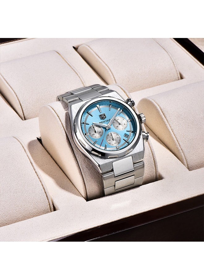 Luxury Men's Quartz  Watches Stainless Steel 30M Waterproof Bussiness 40mm Sports Chronograph WristWatches Auto Date,ICE Blue