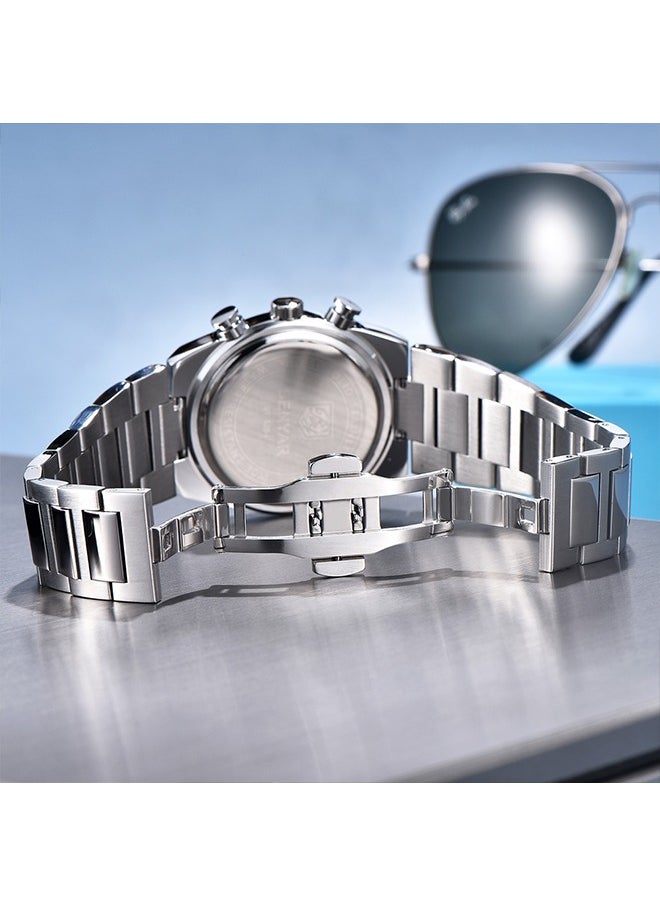 Luxury Men's Quartz  Watches Stainless Steel 30M Waterproof Bussiness 40mm Sports Chronograph WristWatches Auto Date,ICE Blue