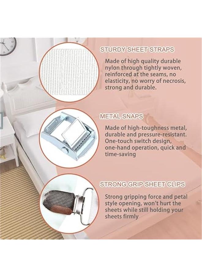 Bed Sheet Holder Straps, 360° Keep Sheets in Place, Heavy Duty Metal Switch Buckle Sheet Clips, 315 in Non-Elastic Durable Sheet Straps, Fits All Mattress Sizes and Adjustable Bed