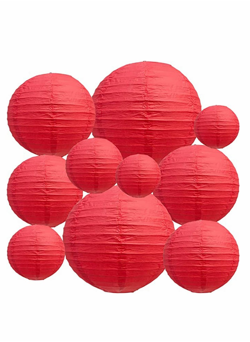 10Pcs Red Paper Lanterns Decorative, Chinese/Japanese Hanging Round Foldable Lantern, for Birthday, Wedding, , Bridal Shower, Home Decor, Party (Size of 4”, 6”, 8”, 10”)