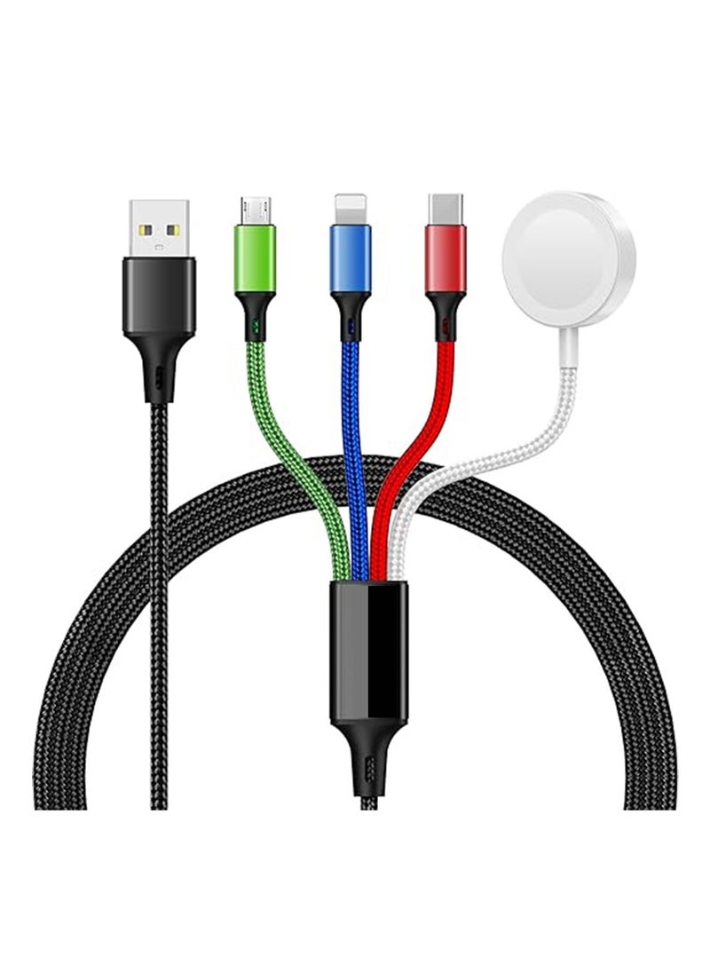 4-in-1 Nylon Braided Multi Fast Charging Cord Multiple Charger,Magnetic Wireless iWatch Charger Braided USB C/Lightning/Micro Compatible with iWatch Series 10-1/iPhone 16 /15 14/Galaxy Android-4FT