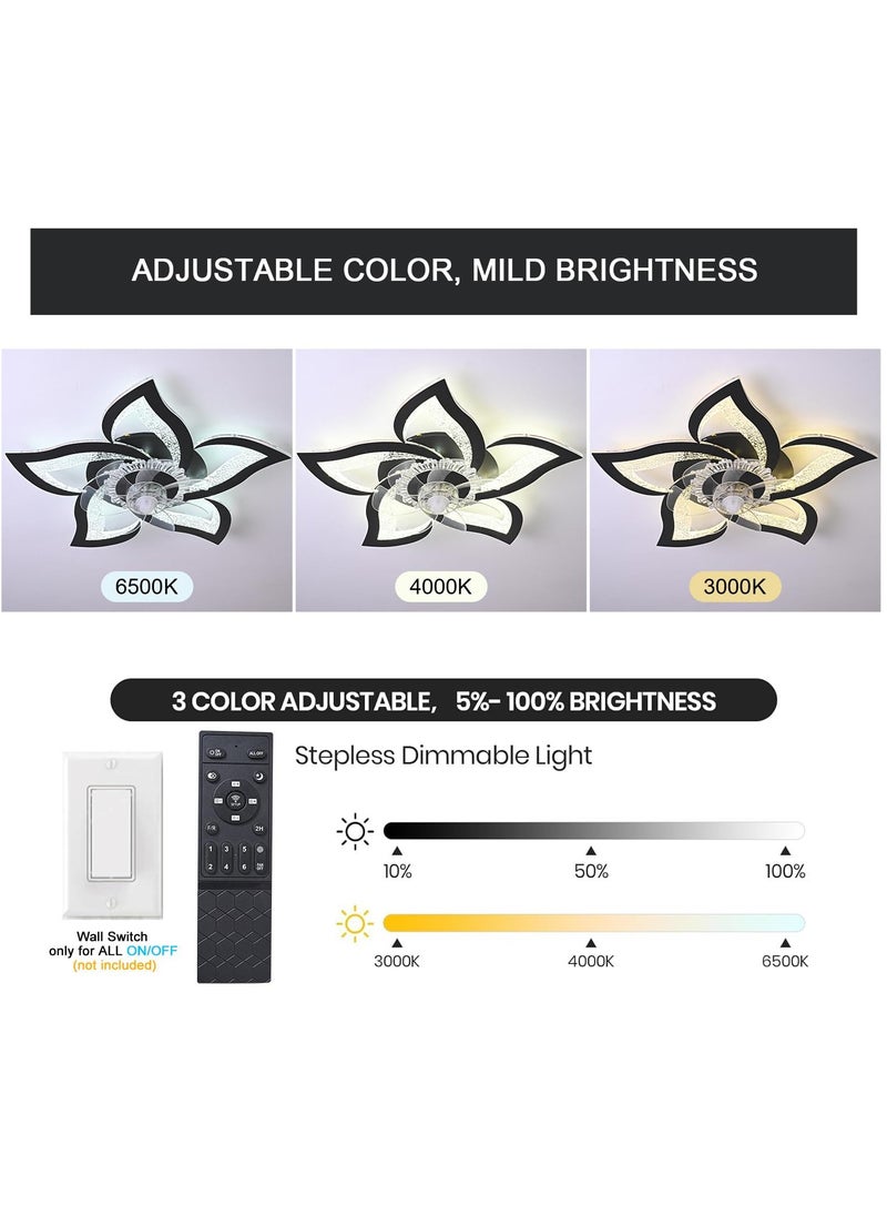 Ceiling Fan with Lights Remote Control, Black Personalized Ceiling Fan with Light, 6 Speeds 3 Light Color Flush Mount Ceiling Fan for Kitchen Bedroom