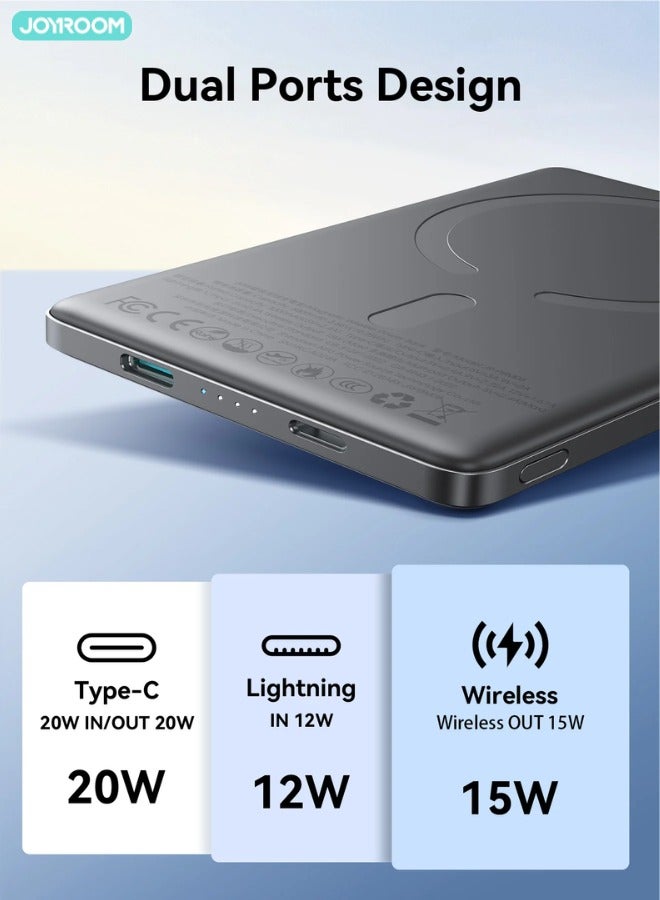 5000 mAh 20W Ultra-thin(0.9cm) Metal Magnetic Wireless TYPE-C input/output Lighnting input/output Power Bank Fast Charging Magnetic Power Bank Wireless Magnet Powerbank Including a Type-C to Type-C 60W  0.25m  Black Cable Space Grey